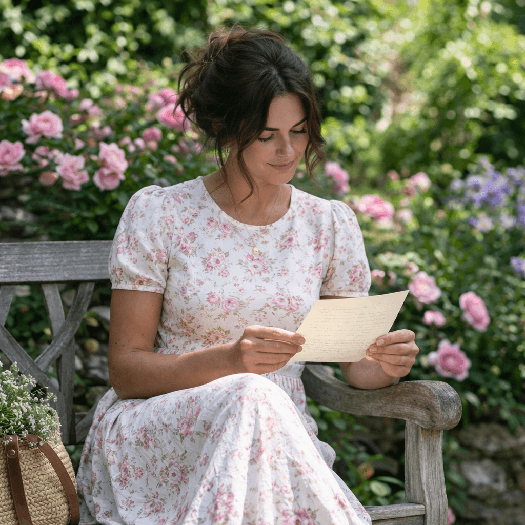 A woman reading a letter in a garden
